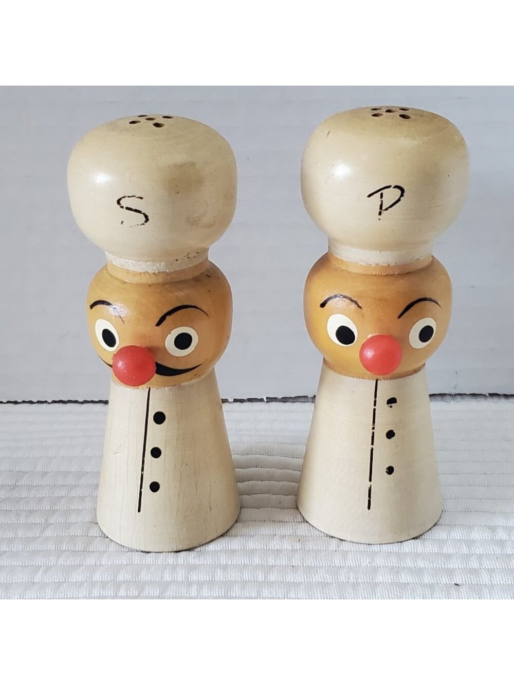 Chef Salt Pepper Shakers Wooden Vintage 4"x1.25" Painted Faces MCM Japan